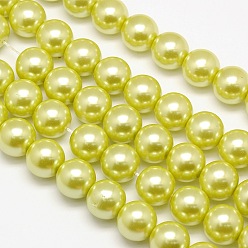 Vert Jaune Brins de perles rondes en verre teinté écologique, Grade a, cordon en coton fileté, jaune vert, 14mm, Trou: 0.7~1.1mm, Environ 30 pcs/chapelet, 15 pouce