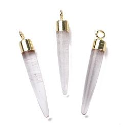 Quartz Crystal Natural Quartz Crystal Brass Pendants, Rock Crystal, Cadmium Free & Lead Free, Bullet Shaped, Light Gold, 33~37x4~5mm, Hole: 2mm