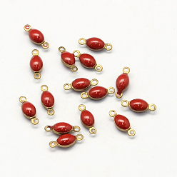 Roja Conectores de enlaces ovalados de esmalte de latón chapado en oro antiguo, lentejuelas esmaltadas, rojo, 4x10.5x3 mm, agujero: 1 mm