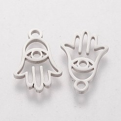 Stainless Steel Color 201 Stainless Steel Charms, Hamsa Hand/Hand of Miriam with Eye, Stainless Steel Color, 14.6x9.7x1mm, Hole: 1.5mm