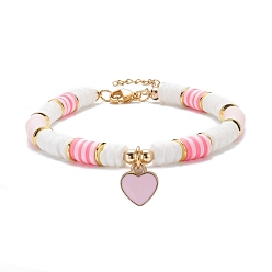 Pink Heart Charm Bracelet, Polymer Clay Heishi Surfer Bracelet, Preppy Jewelry for Women, Golden, Pink, 7-5/8 inch(19.4cm)