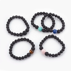 Mixed Stone Natural Lava Rock Beads Stretch Bracelets, with Mixed Stone Beads, 2-1/8 inch(5.4cm)