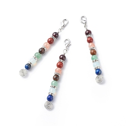 Mixed Stone 7 Gemstone Beaded Pendant Decoration, with Copper Wire and Zinc Alloy Lobster Claw Clasps, 76mm