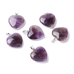 Amethyst Natural Amethyst Pendants, with Platinum Tone Brass Findings, Heart, 27~28x24.5~26x6~8.5mm, Hole: 2.4x5.6mm