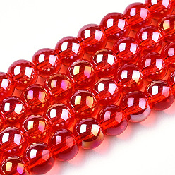 Красный Гальванизируйте прозрачное стекло бисер нитей, с покрытием AB цвета, круглые, красные, 6~6.5 мм, отверстие : 1.4 мм, около 67~70 шт / нитка, 14.76 дюйм ~ 15.16 дюйм (37.5~38.5 см)