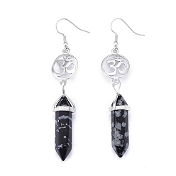 Snowflake Obsidian Pointed Bullet Natural Snowflake Obsidian Dangle Earrings, with Brass Earring Hooks and Flat Round with Aum/Om Symbol Links, Yoga Theme, Platinum, 78mm, Pin: 0.7mm