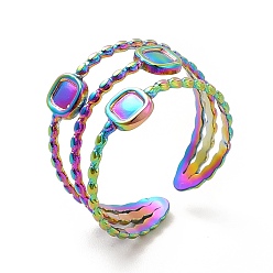 Rainbow Color Chapado de iones (ip) 304 anillo de manguito abierto cuadrado de acero inoxidable, Anillo ancho de triple línea para mujer., color del arco iris, tamaño de EE. UU. 6 3/4 (17.1 mm)
