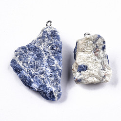 Sodalite Natural Sodalite Pendants, Rough Raw Stone, with 304 Stainless Steel Loops, Nuggets, Stainless Steel Color, 26~45x23~36x7~14mm, Hole: 2mm