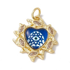 Royal Blue Brass Micro Pave Clear Cubic Zirconia Pendants, with Resin and Jump Rings, Lead Free & Cadmium Free, Heart with Eye Charm, Real 18K Gold Plated, Royal Blue, 21.5x20x4.5mm, Hole: 4mm