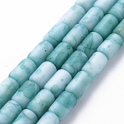Turquoise Mèches de perles de verre craquelé peintes au four opaque, givré, colonne, turquoise, 7.5x4.5mm, Trou: 1mm, Environ 49 pcs/chapelet, 18.31 pouce (46.5 cm)