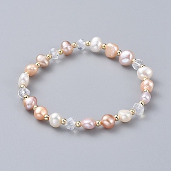 Seashell Color Stretch Bracelets, with Natural Cultured Freshwater Pearl Beads, Glass Beads and Brass Round Spacer Beads, Korean Elastic Crystal Thread, Seashell Color, 2-1/8 inch(5.5cm)