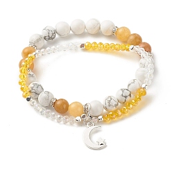 Topaz Jade Moon and Star Charm Multi-strand Bracelet, Natural Howlite & Topaz Jade Round Beads Bracelet, Sparkling Glass Beads Bracelet for Girl Women, Inner Diameter: 2-1/8 inch(5.4cm)