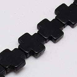 Черный Синтетических нитей бирюзовые бусы, окрашенные, греческий крест, чёрные, 15x15x4 мм, отверстие : 1 мм, около 27 шт / нитка, 15.4 дюйм