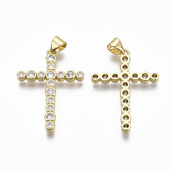 Real 18K Gold Plated Brass Micro Pave Clear Cubic Zirconia Pendants, Nickel Free, Cross, Real 18K Gold Plated, 30x21x2.5mm, Hole: 3mm