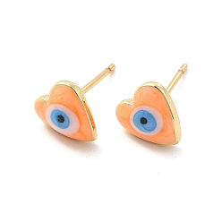 Orange Enamel Heart with Evil Eye Stud Earrings, Real 18K Gold Plated Brass Jewelry for Women, Orange, 8x8mm, Pin: 0.7mm