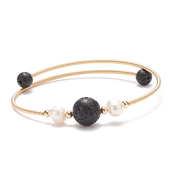 Lave Bracelet jonc en pierre de lave naturelle et perles rondes, bracelet torque en laiton pour femme, or, diamètre intérieur: 2-1/4 pouce (5.6 cm)