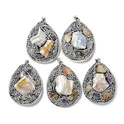 Black Baroque Natural Freshwater Shell Polymer Clay Rhinestone Big Pendants, Teardrop Charms with Platinum Plated Brass Snap on Bails, Black, 54x41x12.5mm, Hole: 6x4.5mm