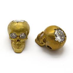 Raw(Unplated) Brass Beads, Nickel Free, with Cubic Zirconia, Skull, Raw(Unplated), 12x9x9.5mm, Hole: 2mm