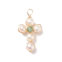Green Aventurine Natural Green Aventurine & White Freshwater Pearl Pendants, with Real 18K Gold Plated Copper Wire Wrapped, Cross, 31.5x17.5x7mm, Hole: 3.1mm