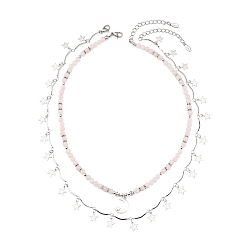 Pink 2 pcs 2 ensemble de colliers de charme lune et étoile en alliage de style, colliers empilables de perles d'opale rose naturelle et d'hématite synthétique pour femmes, rose, 17.13~19.72 pouce (43.5~50.1 cm), 1 pc / style