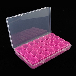 Fuchsia Transparent Plastic 28 Grids Bead Containers, with Independent Bottles & Lids, Each Row 7 Grids, Rectangle, Fuchsia & Clear, 17.5x10.5x2.5cm