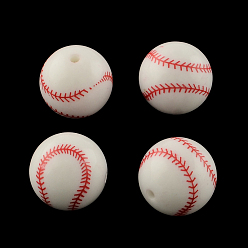 White Opaque Acrylic Round Beads, Sports beads, Baseball, White, 20mm, Hole: 2.5mm