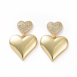 Golden Clear Cubic Zirconia Heart Dangle Stud Earrings, Brass Jewelry for Woman, Golden, 30mm, Pin: 0.7mm