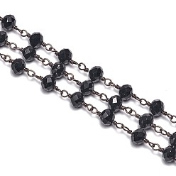 Gunmetal Handmade Glass Beaded Chains, Unwelded, with Brass Findings, with Spool, Faceted, Rondelle, Gunmetal, Black, 6x5mm, about 32.8 Feet(10m)/roll