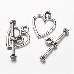 Antique Silver Alloy Toggle Clasps, Heart, Antique Silver, Heart: 14x11.5x1mm, Hole: 1.5mm, Bar: 19x6.5x3mm, Hole: 2mm