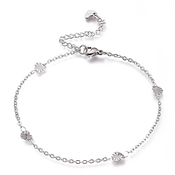 Stainless Steel Color 304 Stainless Steel Cable Chain Anklets, with Textured Heart Links and Lobster Claw Clasps, Stainless Steel Color, 8-7/8 inch(22.5cm)