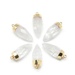 Quartz Crystal Natural Quartz Crystal Pointed Pendants, Rock Crystal, with Brass Findings, Faceted, Bullet, 33x13mm, Hole: 2mm