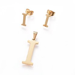 Letter I 304 Stainless Steel Pendants and Stud Earrings Jewelry Sets, Alphabet, Letter.I, 20~23x13~19x1.5mm, Hole: 6x3mm, 6~10x6~9x1mm, Pin: 0.8mm
