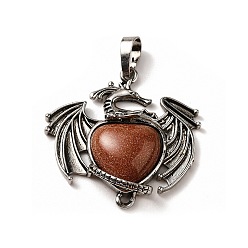 Goldstone Synthetic Goldstone Heart Pendants, Dragon Charms, with Rack Plating Antique Silver Plated Brass Findings, Lead Free & Cadmium Free, 33x33.5~34x7~7.5mm, Hole: 8x5mm