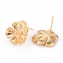 Real 18K Gold Plated Brass Stud Earrings Findings, for Half Drilled Bead, Nickel Free, Flower, Real 18K Gold Plated, 18.5x17.5mm, Pin: 0.8mm, Pin: 0.8mm(for Half Drilled Bead)