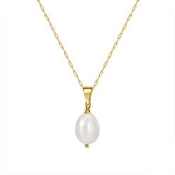 Golden Natural Pearl Pendant Necklace with 925 Sterling Paperclip Chains, with S925 Stamp, Golden, 17.72 inch(45cm)