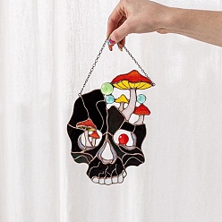 Noir Crâne acrylique teinté d'Halloween avec plan de fenêtre d'art champignon, pour les attrape-soleil, ornements suspendus pour fenêtre et maison, noir, 150x150mm