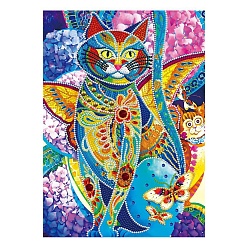 Cat Shape DIY Luminous Diamond Painting Kits, including Canvas, Resin Rhinestones, Diamond Sticky Pen, Tray Plate and Glue Clay, Rectangle, Cat Pattern, 400x300mm