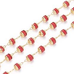Rouge Main chaînes de perles de verre, avec les accessoires en laiton, plaqué longue durée, rondelle, facette, soudé, or, rouge, 4mm, environ 32.8 pieds (10 m)/rouleau