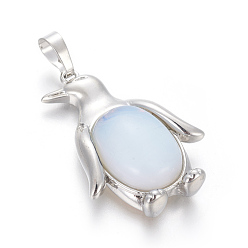 Opalite Opalite Pendants, with Brass Findings, Penguin, Platinum, 34~35x24~25x5~8mm, Hole: 8x5mm