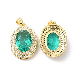 Green Real 16K Gold Plated Brass Micro Pave Cubic Zirconia Pendants, with Glass, Oval Charms, Green, 23x17x8mm, Hole: 5x3.5mm