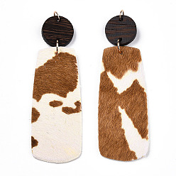 Peru Eco-Friendly Cowhide Leather Big Pendants, with Dyed Wood and 304 Stainless Steel Jump Rings, Rectangle with Print, Peru, 75mm