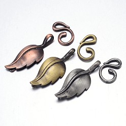Mixed Color Brass Hook Clasps, For Leather Cord Bracelets Making, Leaf, Mixed Color, Leaf: 33x13x3mm, Hook: 17x10x2mm, Hole: 1mm and 3x3mm
