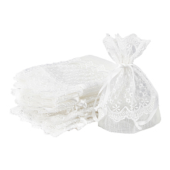 Creamy White PandaHall Elite Organza Gift Bags with Lace, Rectangle with Flower Pattern, Creamy White, 14~15x10~11cm