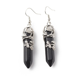 Obsidian Natural Obsidian Bullet with Flower Dangle Earrings, Platinum Tone Brass Jewelry for Women, Cadmium Free & Lead Free, 62~63mm, Pin: 0.6mm