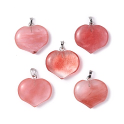 Cherry Quartz Glass Cherry Quartz Glass Pendants, Heart Charms, with Platinum Tone Brass Findings, 23.5x25x8.5mm, Hole: 5x3.5mm