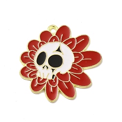 Red Halloween Alloy Enamel Pendants, Light Gold, Skull with Sunflower Charm, Red, 29x30x1.5mm, Hole: 2mm