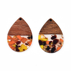 Coral Transparent Resin & Walnut Wood Pendants, with Gold Foil, Teardrop Charm, Coral, 36x24.5x3mm, Hole: 2mm