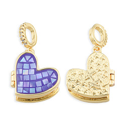 Medium Purple Brass Micro Pave Clear Cubic Zirconia Locket Pendants, with Natural Abalone Shell/Paua Shell, Dyed, Nickel Free, Real 18K Gold Plated, Heart Charm, Medium Purple, 17x17x8mm, Hole: 4x5.5mm
