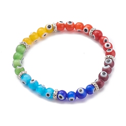 Colorful Rainbow Round Evil Eye Lampwork Stretch Beaded Bracelets for Kids, with Alloy Spacer Beads, Antique Silver, Colorful, Inner Diameter: 1-7/8 inch(4.9cm)