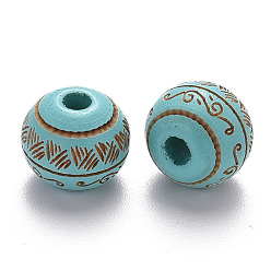 Dark Turquoise Painted Natural Wood Beads, Laser Engraved Pattern, Round with Leave Pattern, Dark Turquoise, 10x9mm, Hole: 2.5mm